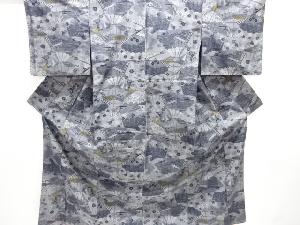 扇に草花模様織り出し手織り真綿紬着物